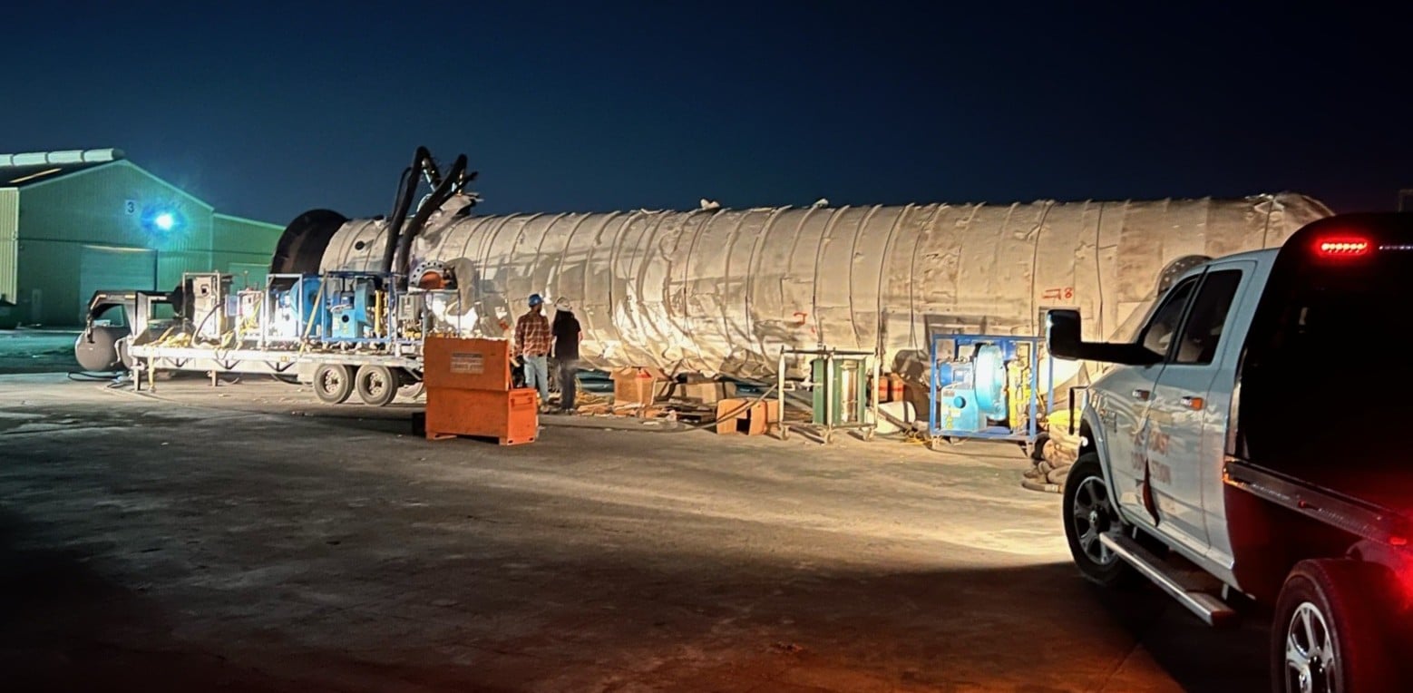 On-site pressure vessel PWHT at night — Gulf Coast Combustion